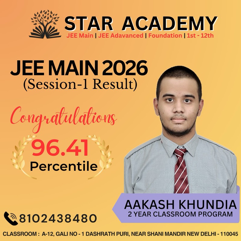 Aakash Khundia — JEE Main 2026 Session 1 Result: 96.41 Percentile — Star Academy